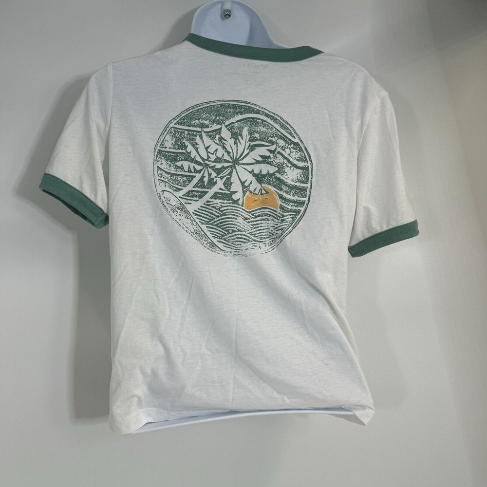 Roxy Womens White Green Ringer Tee Palm Tree Graphic Surf T-Shirt Small - Picture 3 of 5